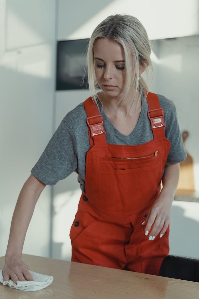 our-story Blonde woman in red overalls sanitizing a wooden table indoors, showcasing home cleaning service.