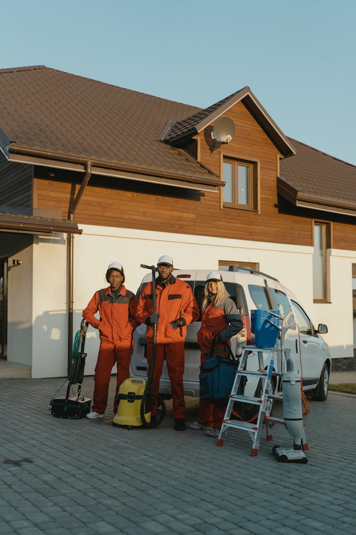 services-03 Cleaning crew in uniforms with equipment standing outside a modern house.